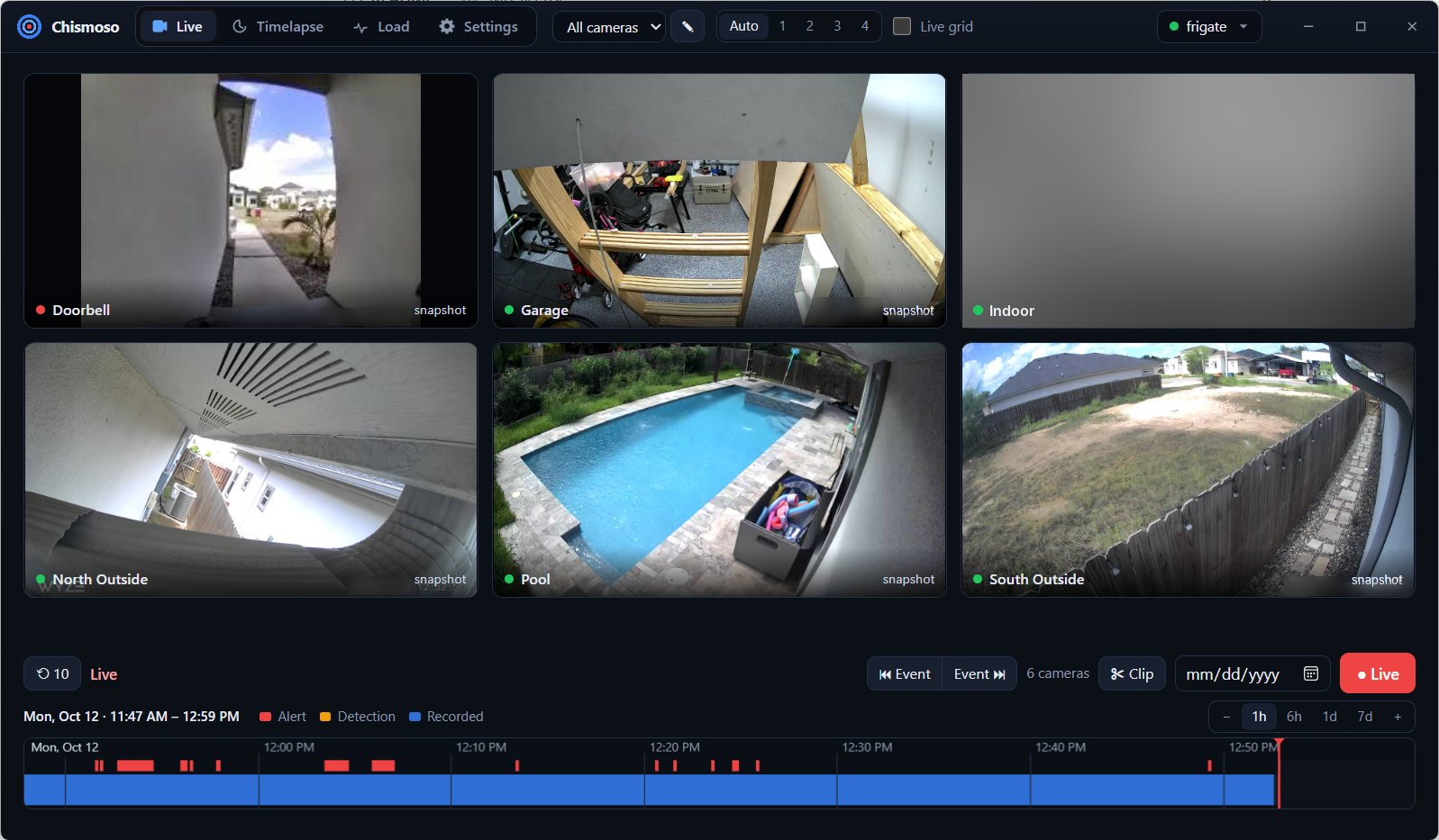 Chismoso on Windows: six cameras in a grid, with the recordings timeline underneath showing the last hour of alerts.